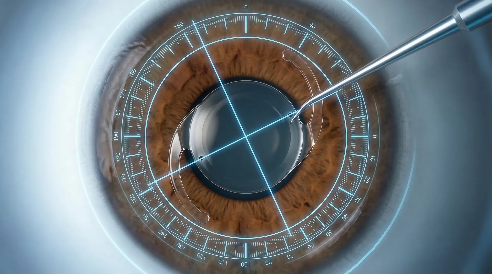 Toric lens being precisely aligned to the corneal astigmatism axis during cataract surgery using digital guidance