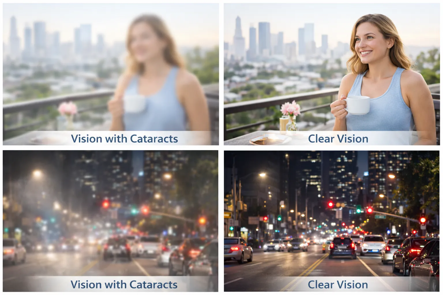 Side-by-side comparison of blurry vision with cataracts versus clear vision after surgery, shown in daytime and nighttime scenes